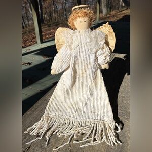 Vintage Handmade Angel, bedspread fabric, antique white. Signed by artist.